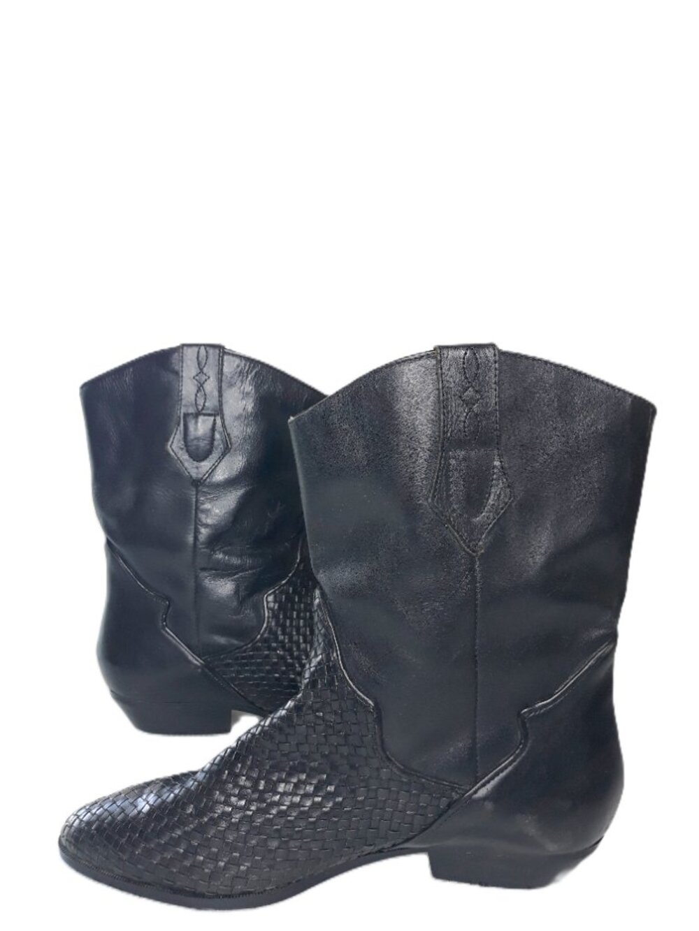 Black Leather Boots Woven 10M Western Boho Cottagecore